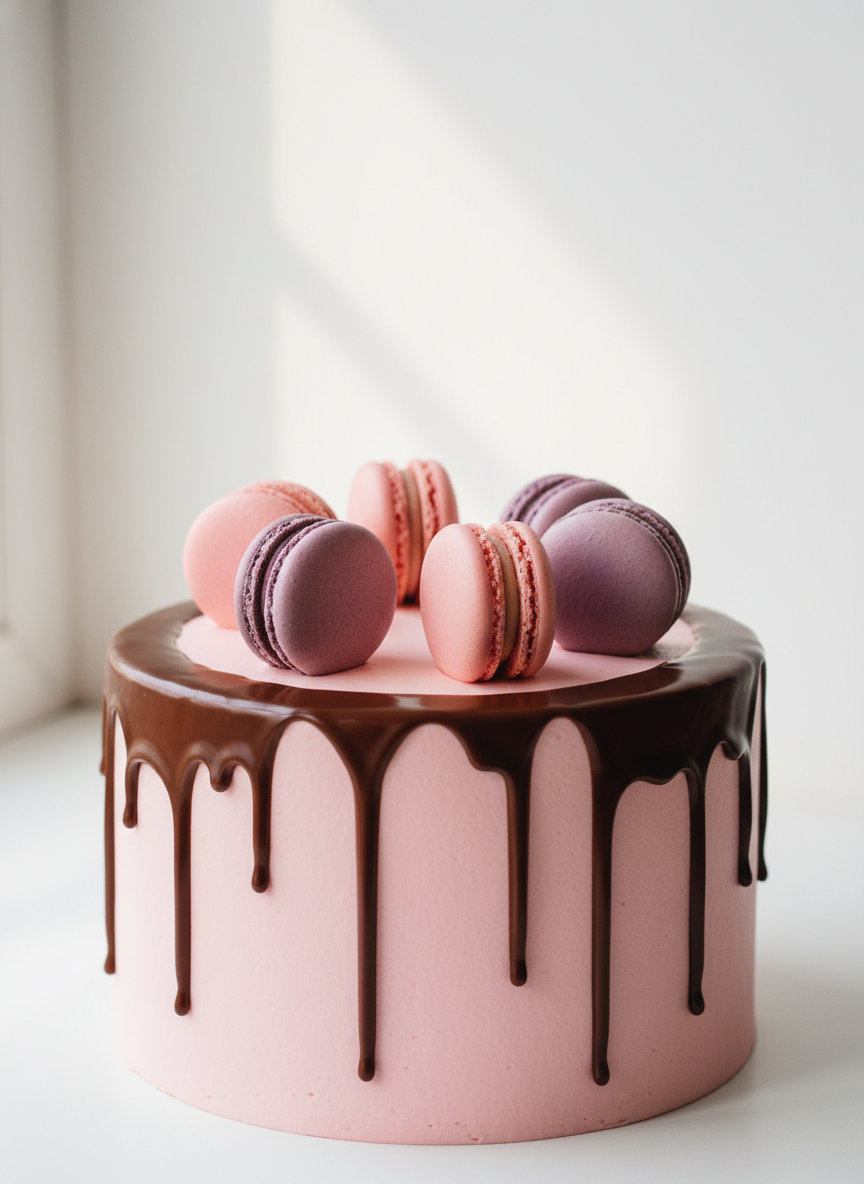 Pink bento cake with chocolate drip and macarons on top