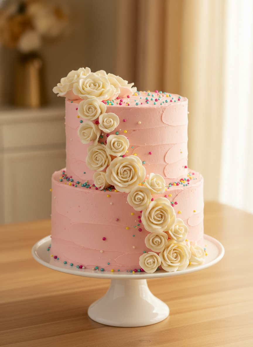 Classic two-tier pink birthday cake with roses and sprinkles