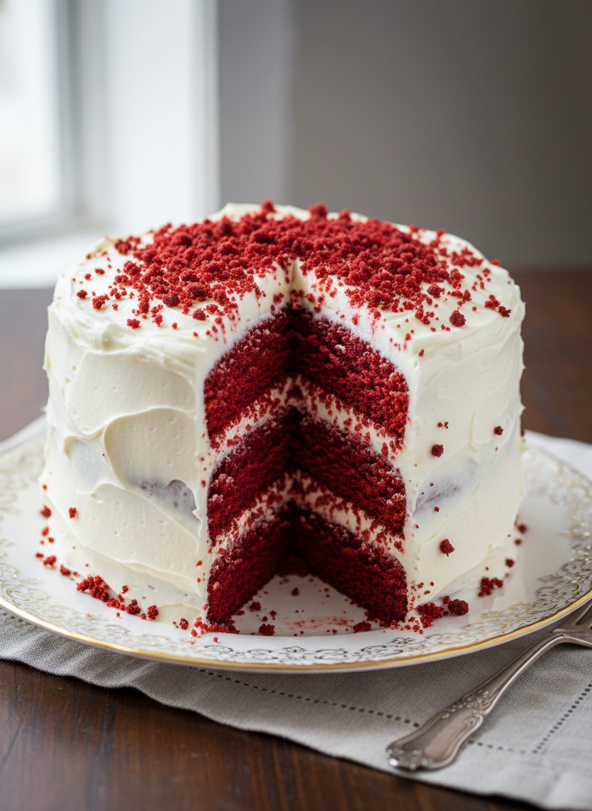 Red velvet cake with cream cheese frosting and red crumbs