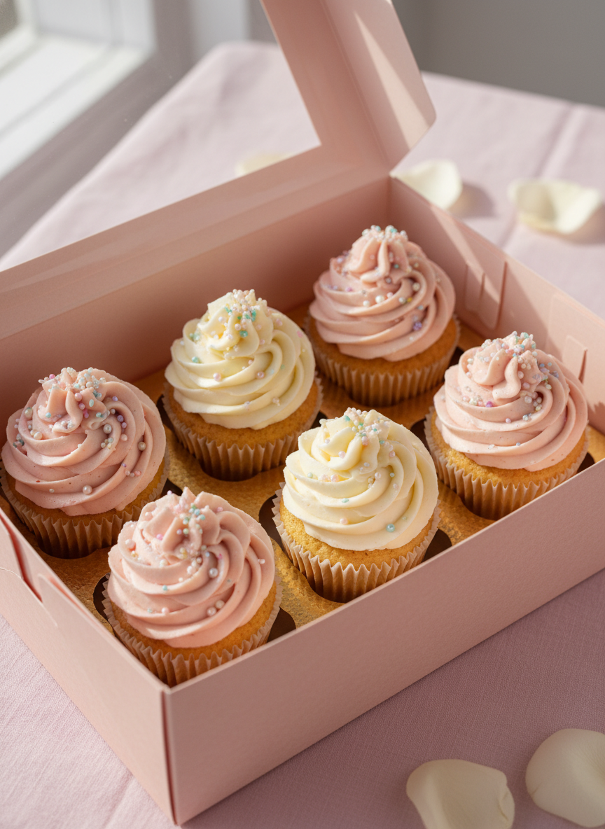 Box of pink cupcakes with swirl frosting and sprinkles