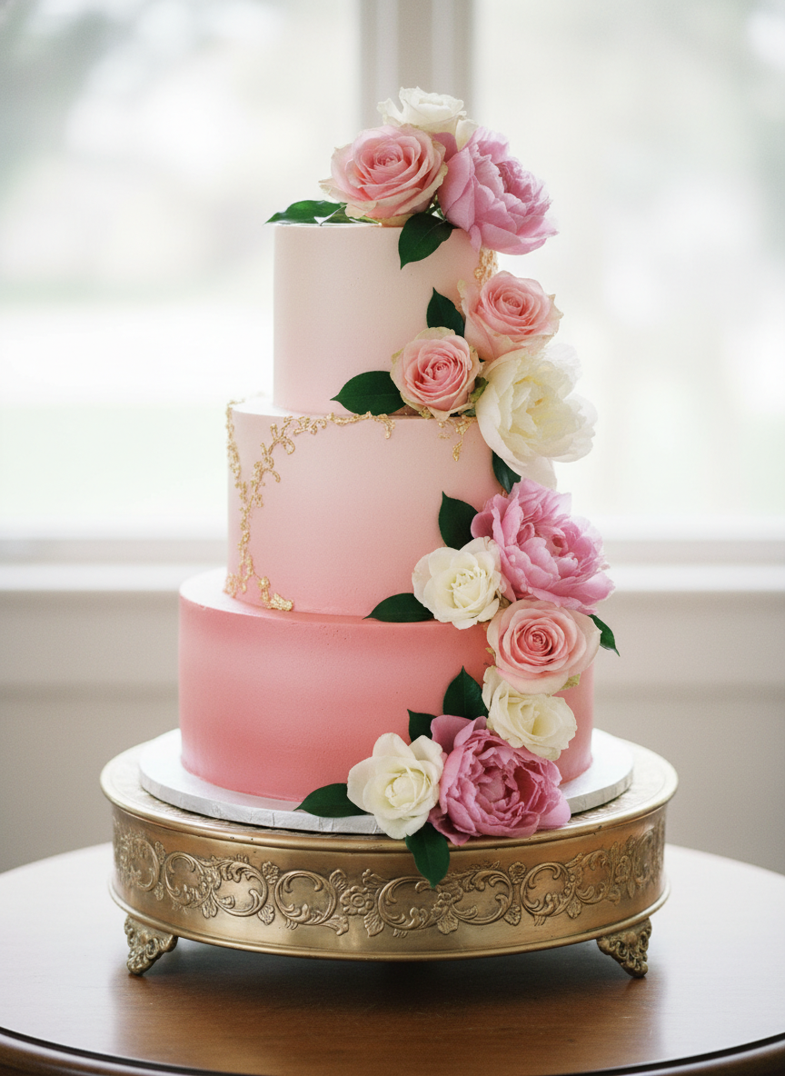 Elegant pink wedding style cake with fresh flowers decoration