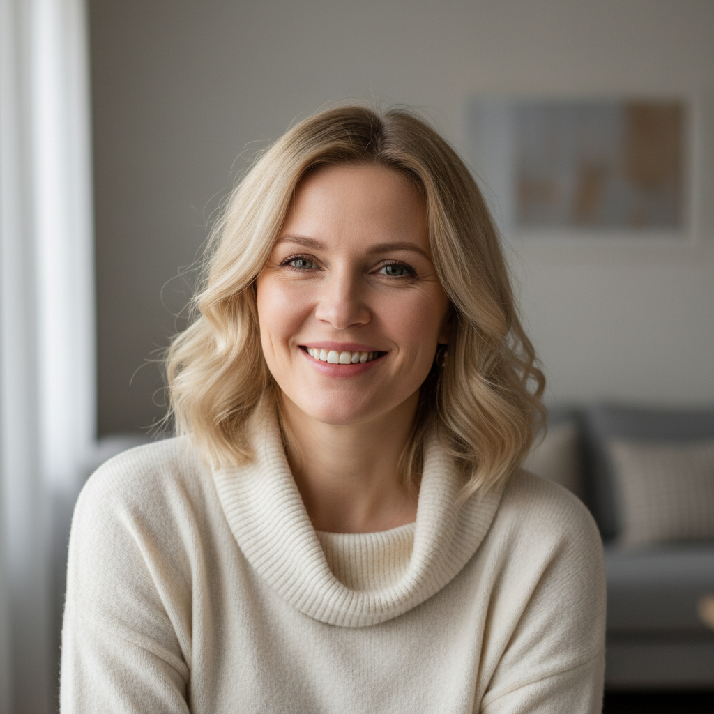 Russian female customer portrait smiling woman with blonde hair