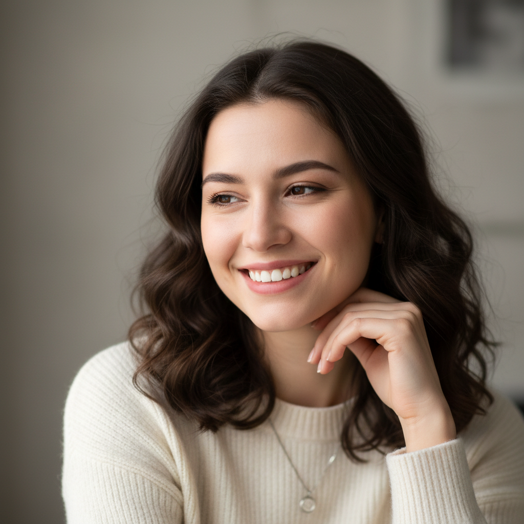 Russian female customer portrait young woman with dark hair