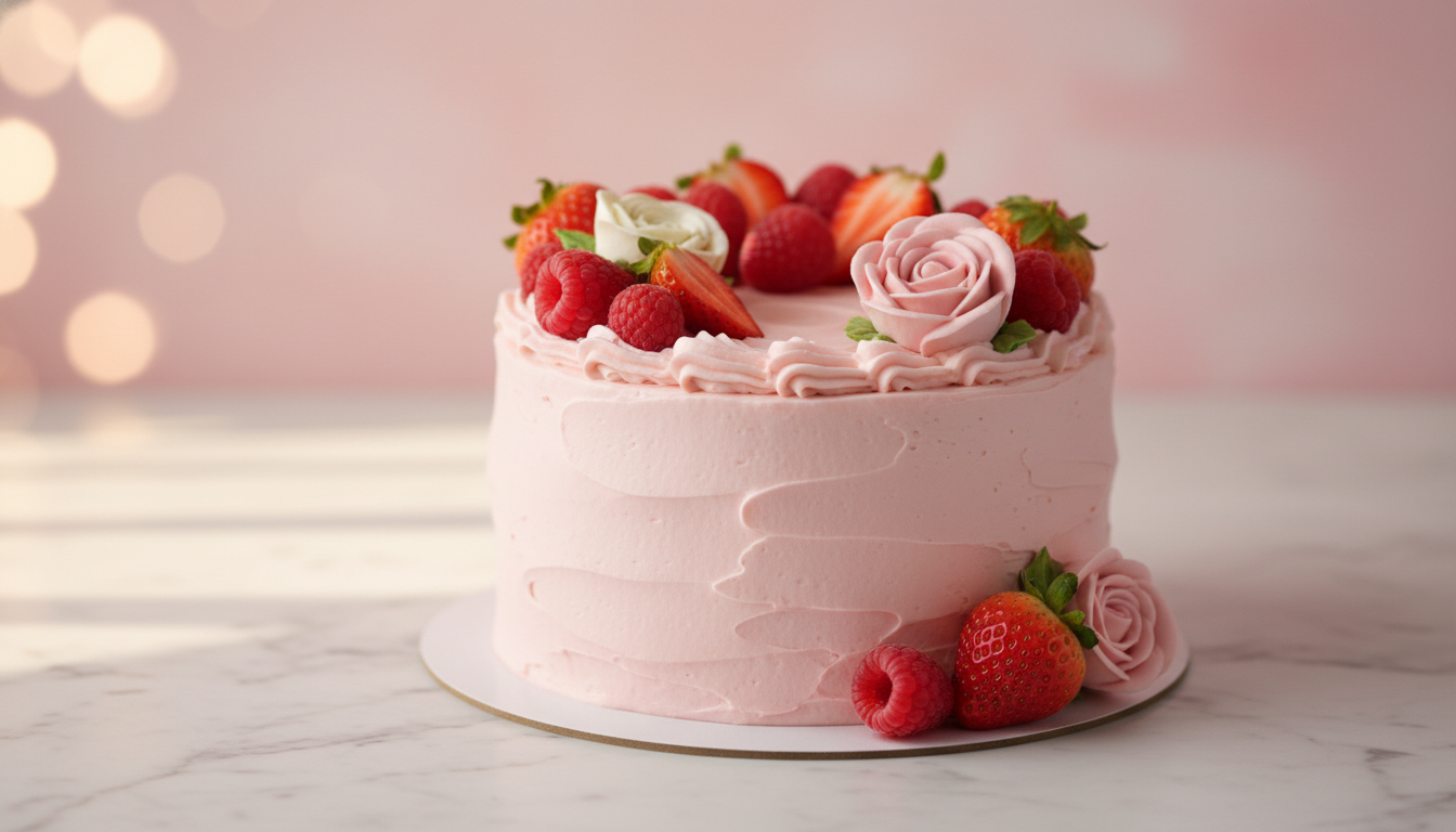 Beautiful pink decorated bento cake with cream frosting and berries