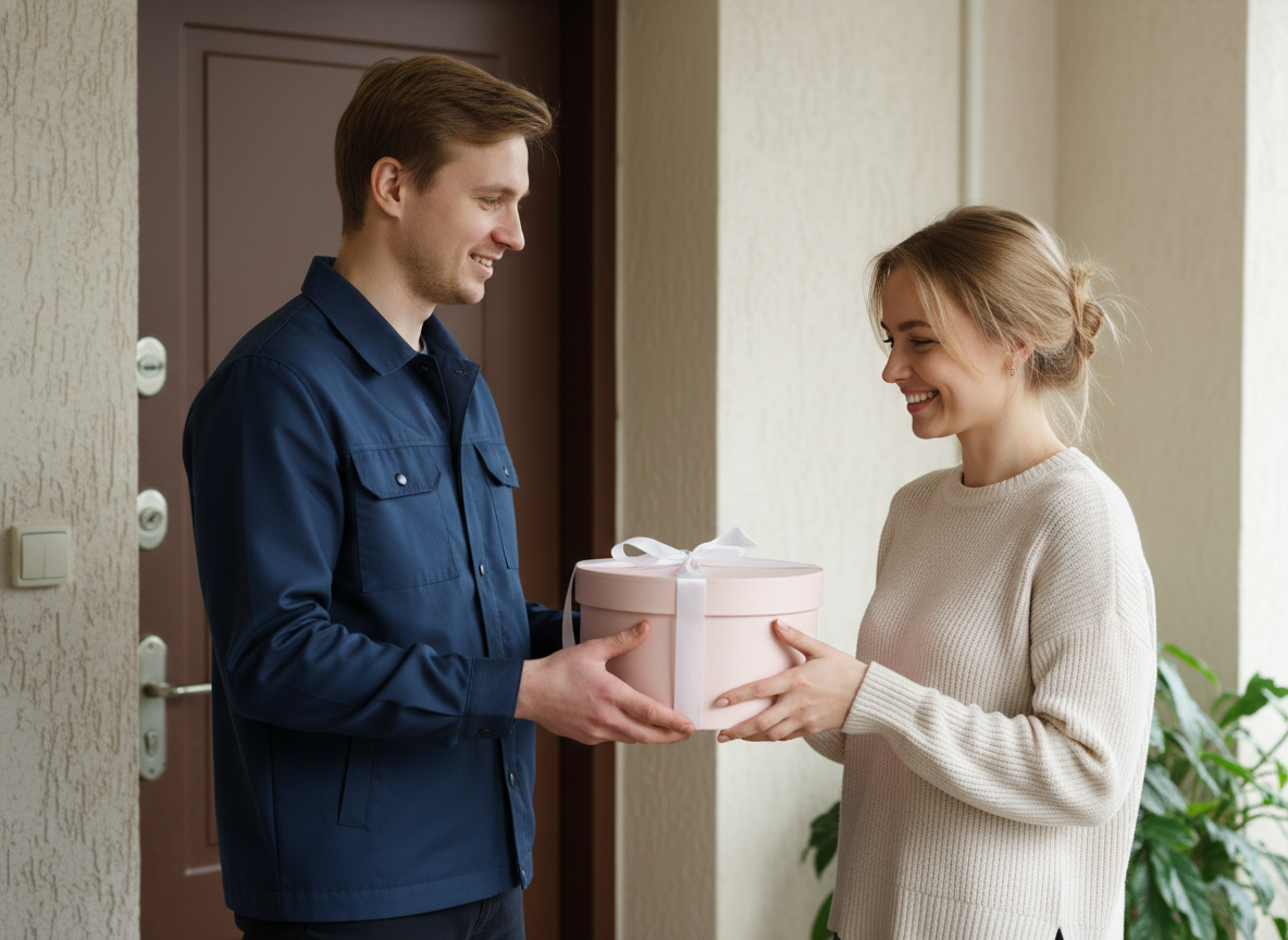 Courier delivering pink cake box to happy customer at doorstep